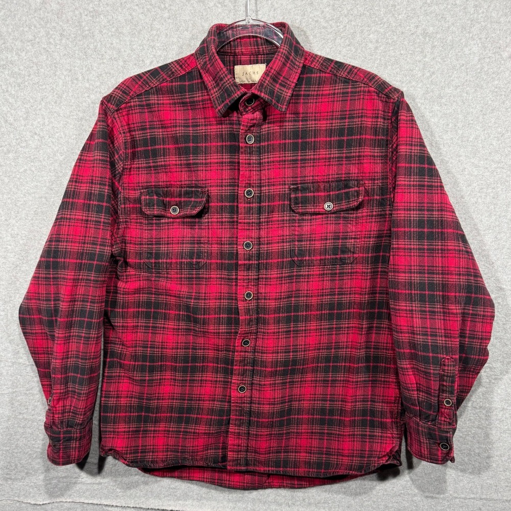 JACHS Flannel Shirt Red Black Plaid Button Up Long Sleeve Cotton Mens Large